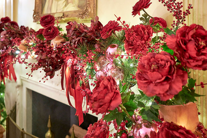 Red rose mantel garland detail from The Petal Express's White House Christmas work